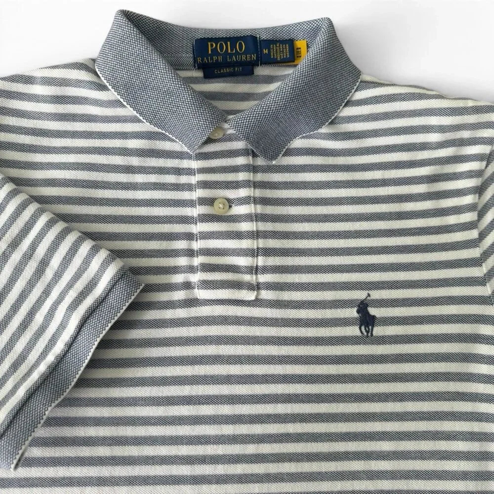 Polo Ralph Lauren Classic Fit Polo Men Medium White Gray Striped Cotton Shirt